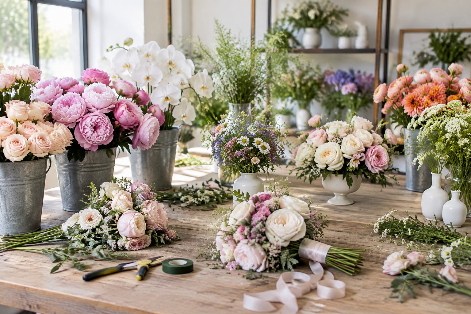 A florist’s worktable displays fresh wedding flowers, bouquets, greenery, vases, and floral arranging tools.