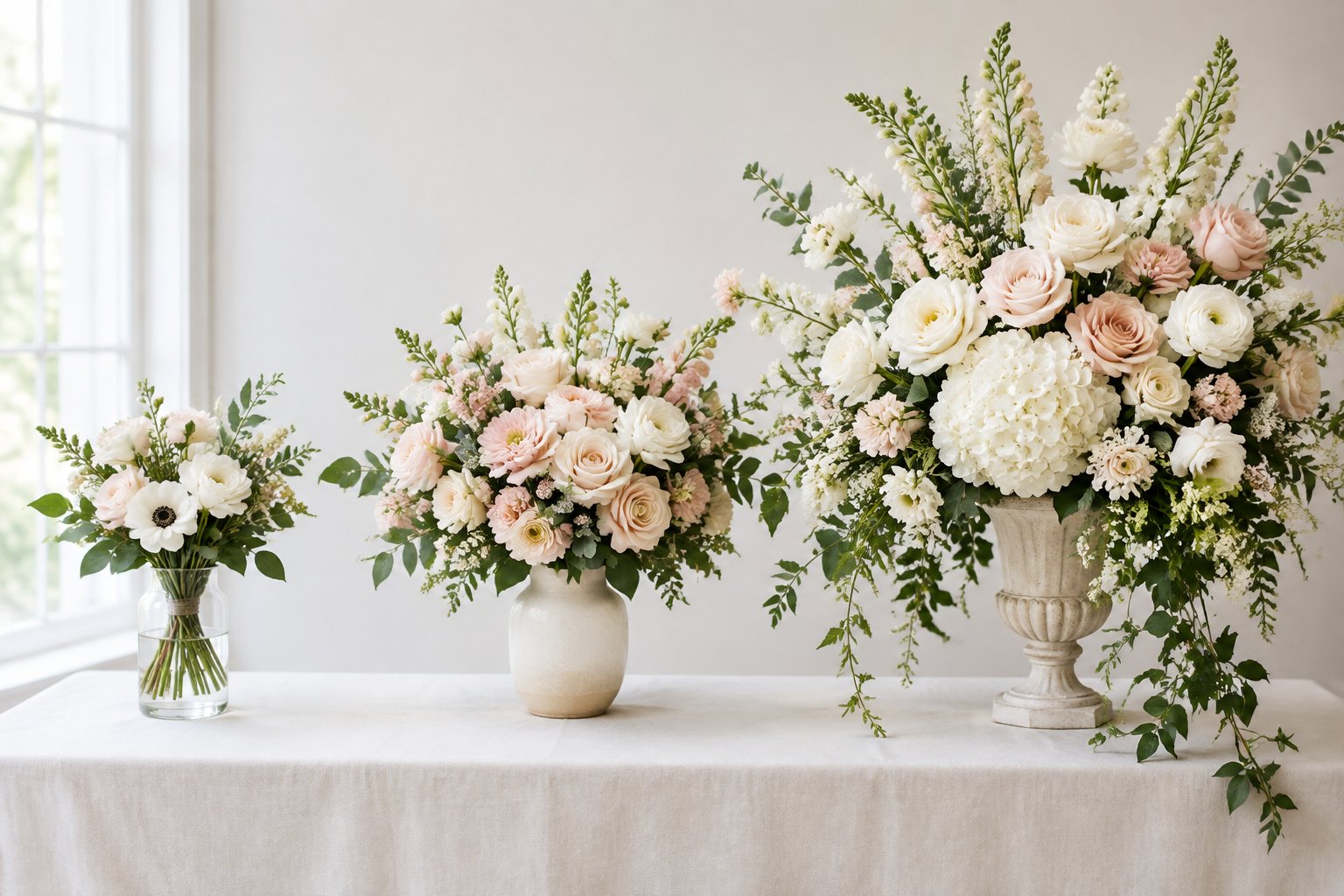 Three wedding floral arrangements show increasing levels of size, variety, and abundance from simple to luxurious.
