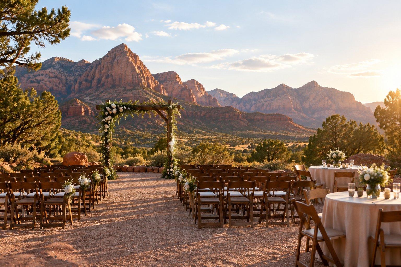 An intimate outdoor wedding setup with simple decorations in front of red sandstone cliffs near Zion National Park.