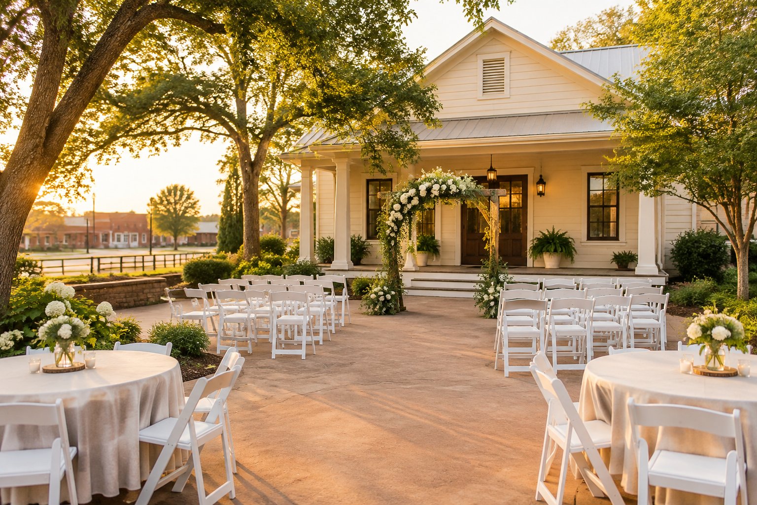 An intimate wedding setup in the courtyard of a modest historic venue with white chairs, tables, and a floral arch.