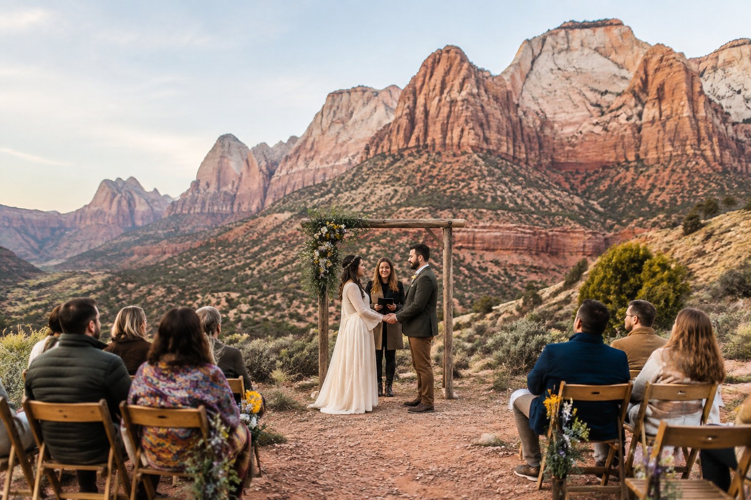 A small outdoor wedding ceremony with simple decorations in front of Zion’s red sandstone cliffs.