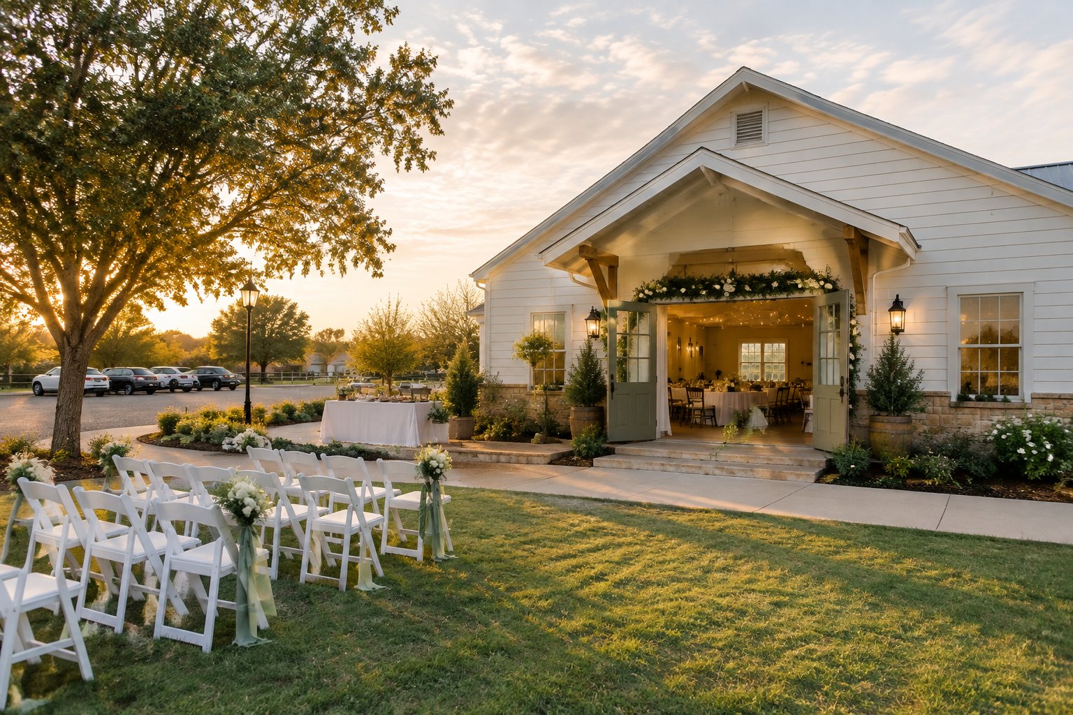A modest decorated wedding venue with outdoor ceremony chairs and reception tables in a charming Texas setting.