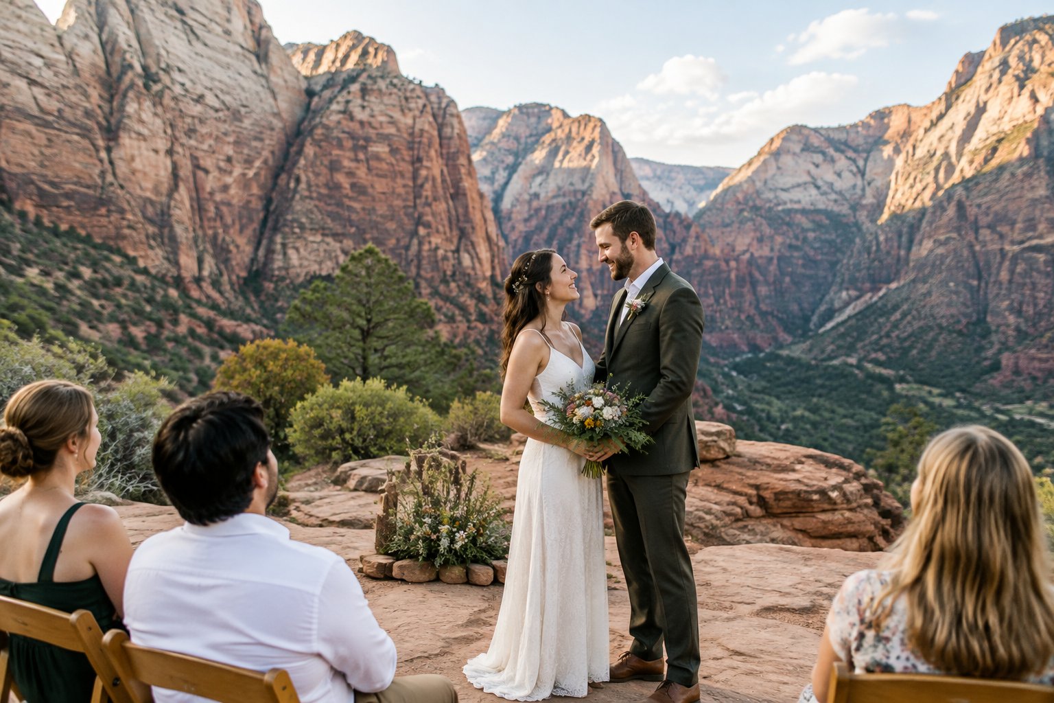 A newlywed couple celebrates with a small outdoor gathering beneath the red cliffs of Zion National Park.