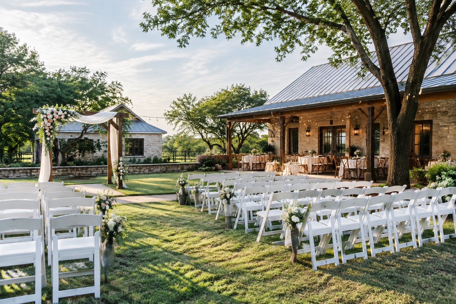 A modest wedding venue with white chairs, simple floral decorations, and a landscaped outdoor ceremony area.