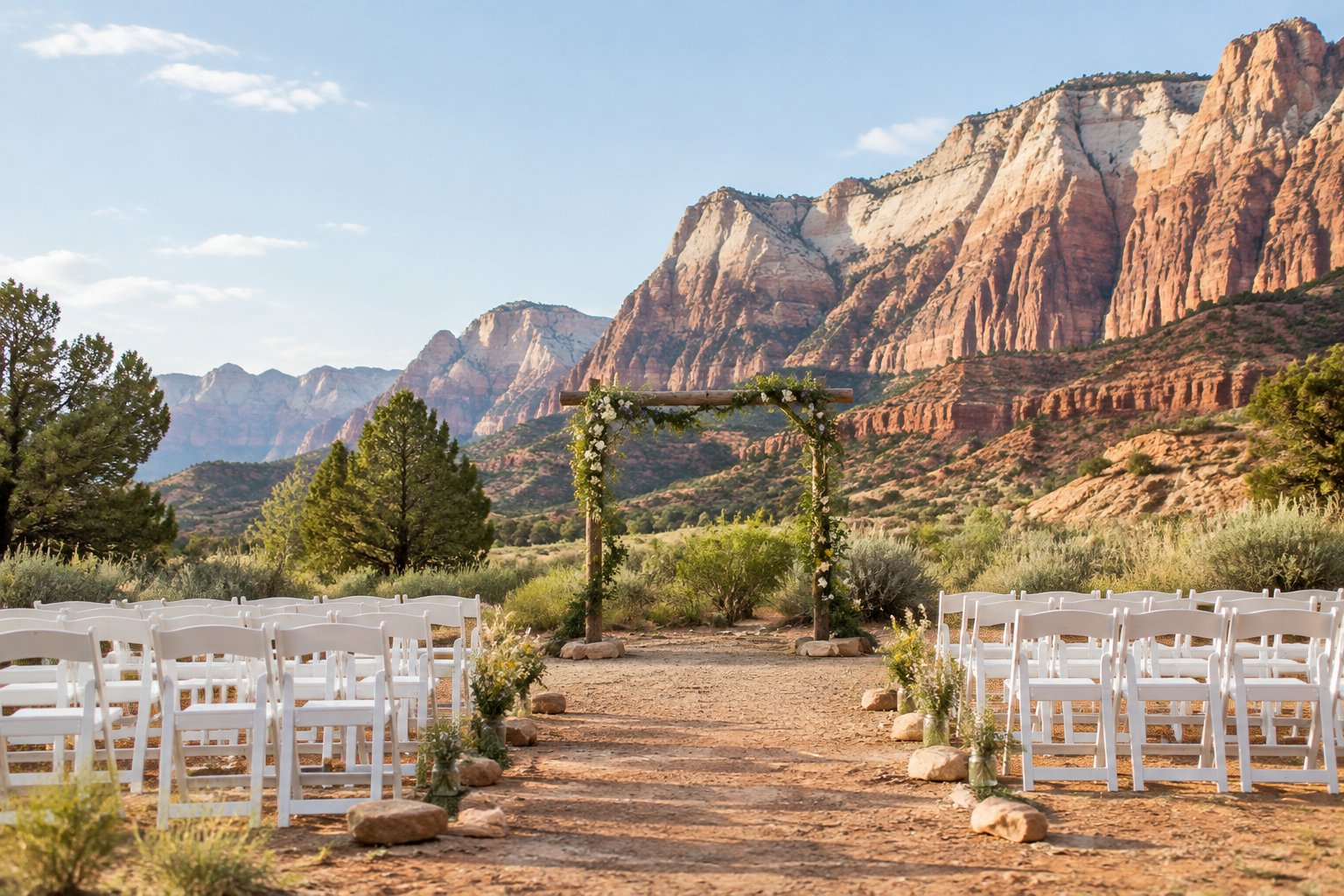 A simple outdoor wedding ceremony setup with white chairs, a decorated arbor, and red sandstone cliffs in the background.