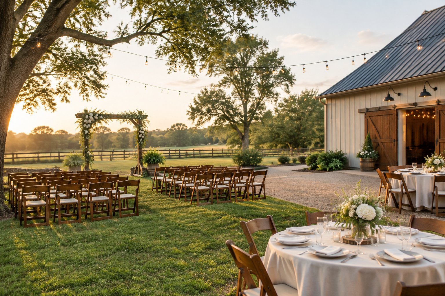 An intimate outdoor wedding ceremony setup beside a simple rustic venue with chairs, flowers, and string lights.