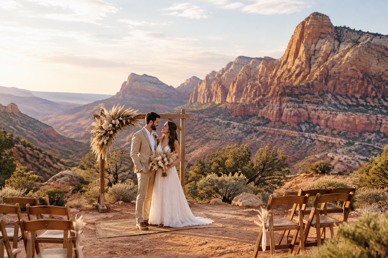 A couple stands beside a simple wedding arch in a scenic Zion canyon landscape.
