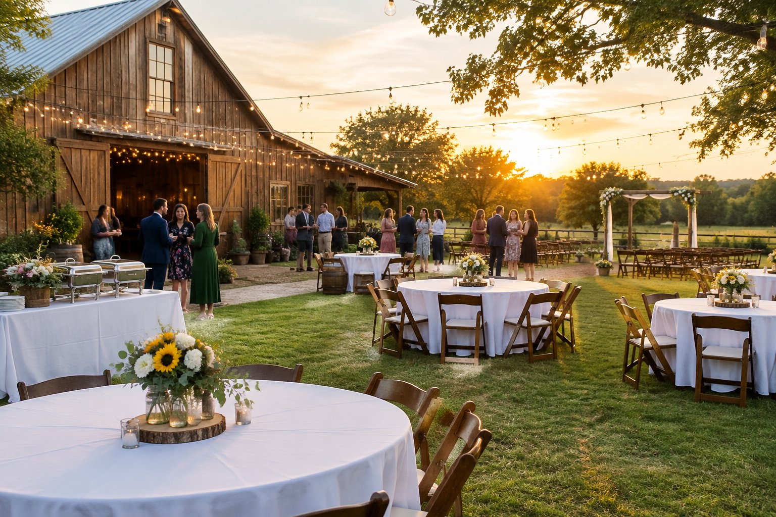 An affordable outdoor wedding reception in a charming Texas venue with simple decorations, tables, flowers, and guests.