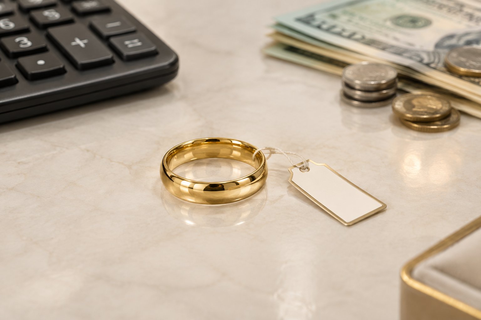 A gold wedding band displayed on a jeweler’s counter beside money and a calculator.