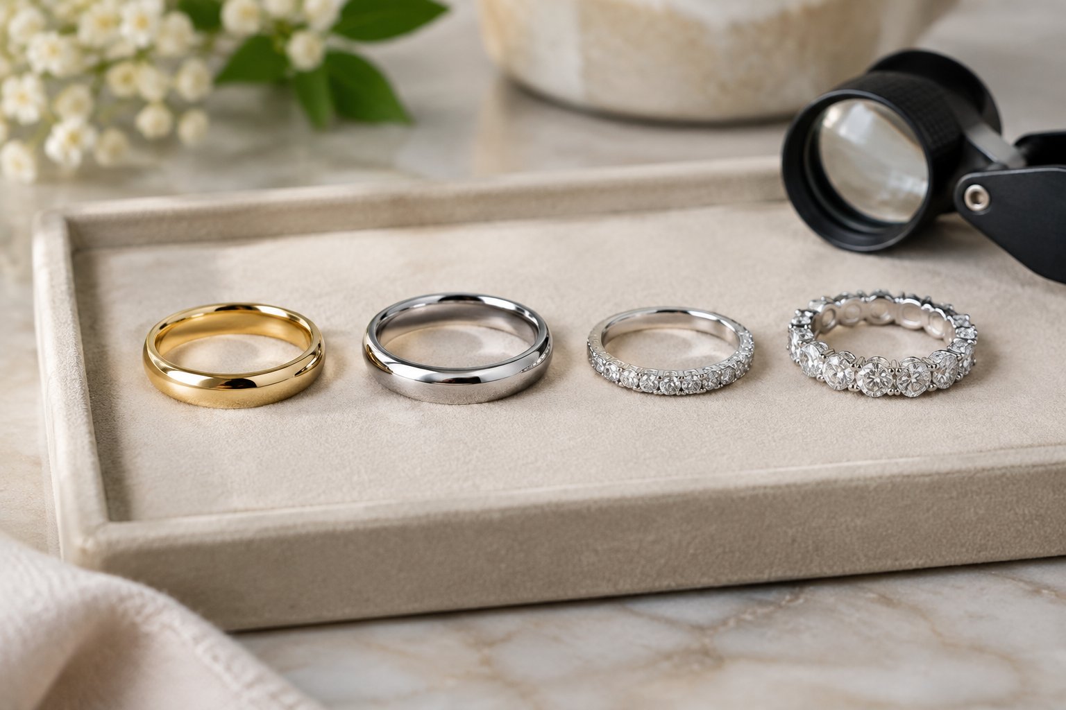Several wedding bands in different styles arranged on a jewelry display tray.