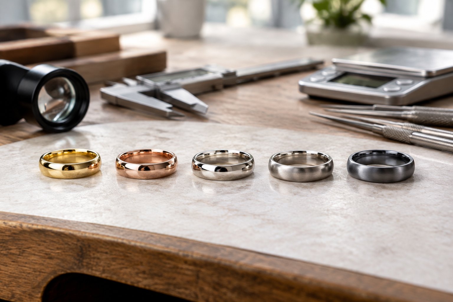 Several wedding bands made from different metals are arranged on a jeweler’s workbench beside jewelry tools.