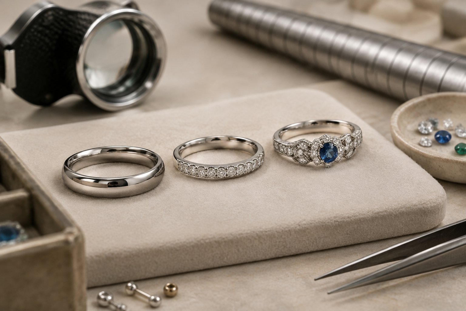 Several wedding bands with different diamond and gemstone details are displayed beside jewelry-making tools.