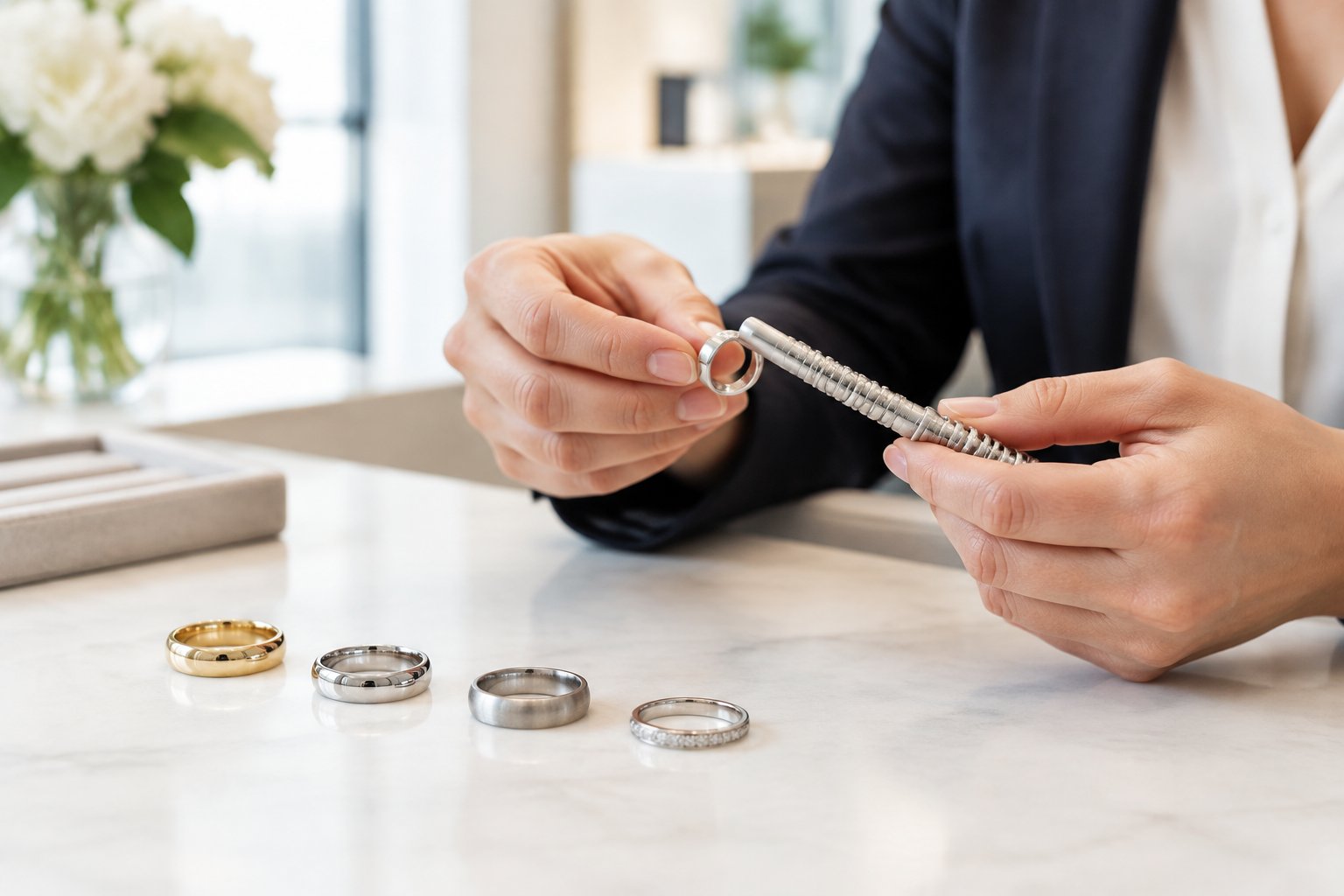 A jeweler compares several wedding bands while checking their fit with a ring sizer.