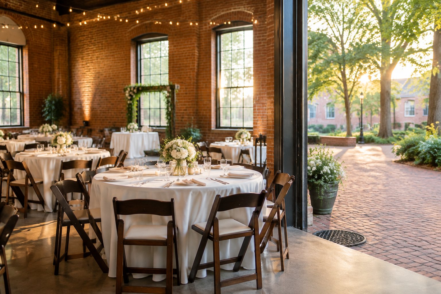 An affordable wedding venue with simple decorations, tables, floral centerpieces, and warm lighting.