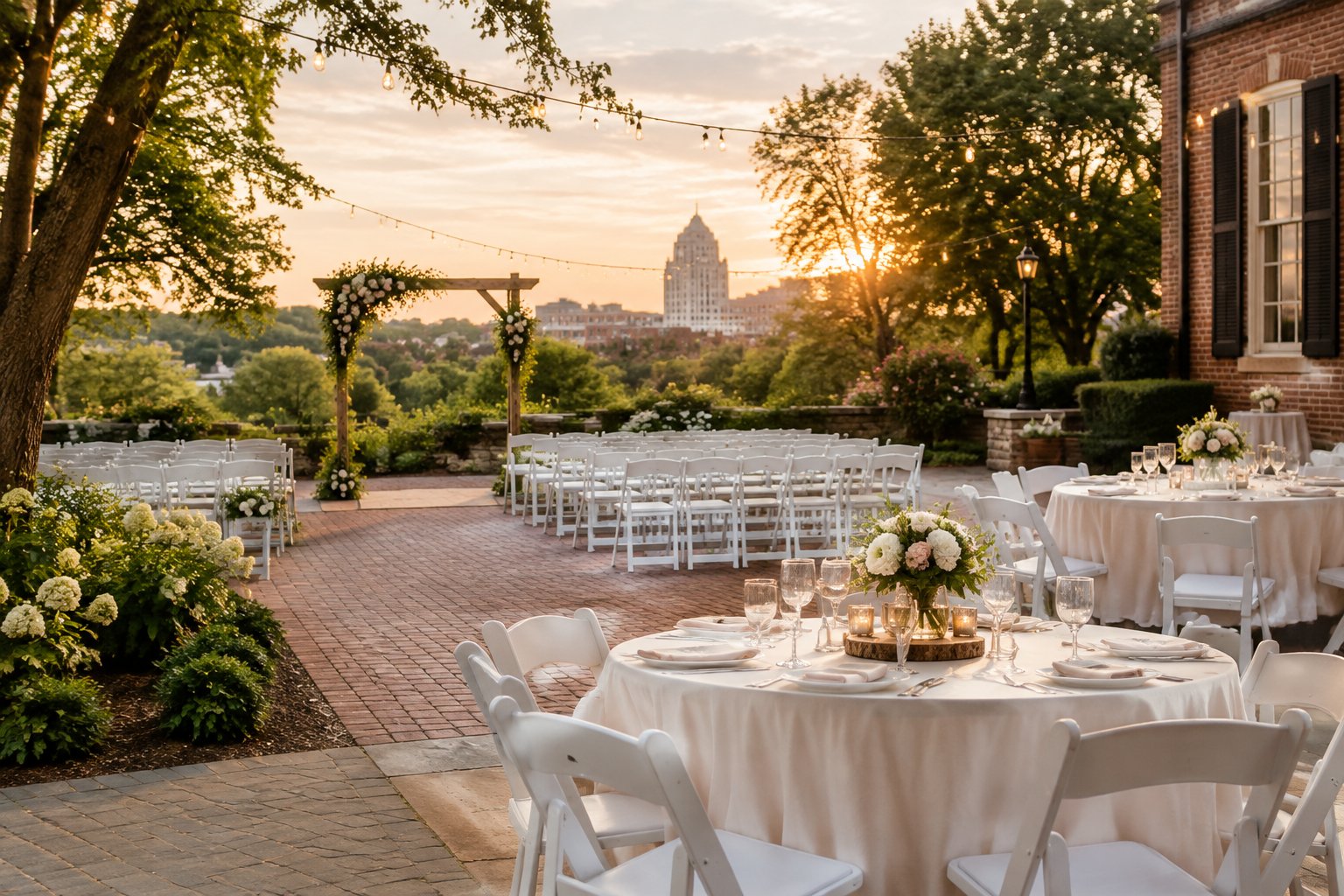 An intimate outdoor wedding ceremony and reception setup with white chairs, floral decor, and string lights.