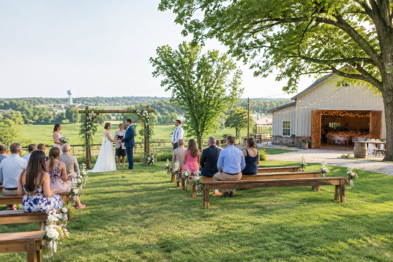 A couple and guests gather outside an affordable rustic wedding venue surrounded by trees and farmland.
