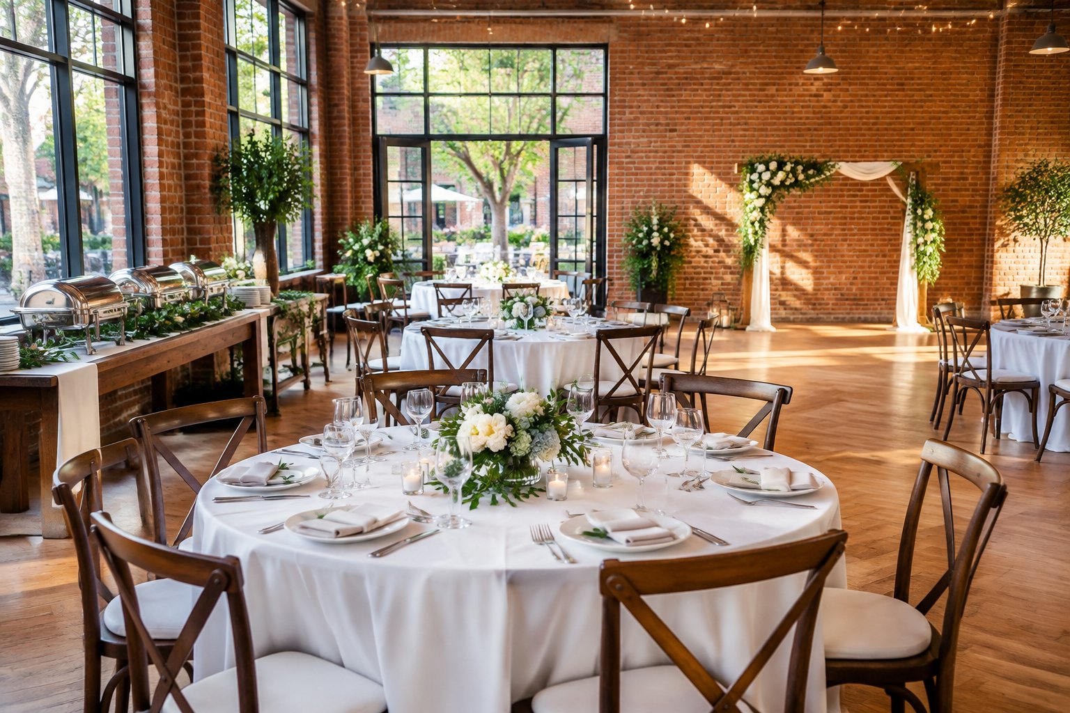 A warmly lit, simply decorated wedding reception venue with round tables, greenery, and an outdoor courtyard.