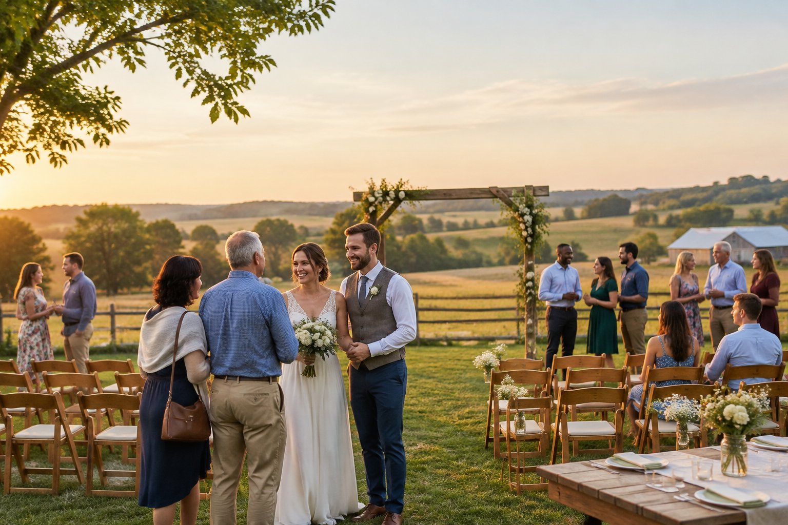 A couple greets guests at a simple outdoor wedding venue surrounded by countryside.