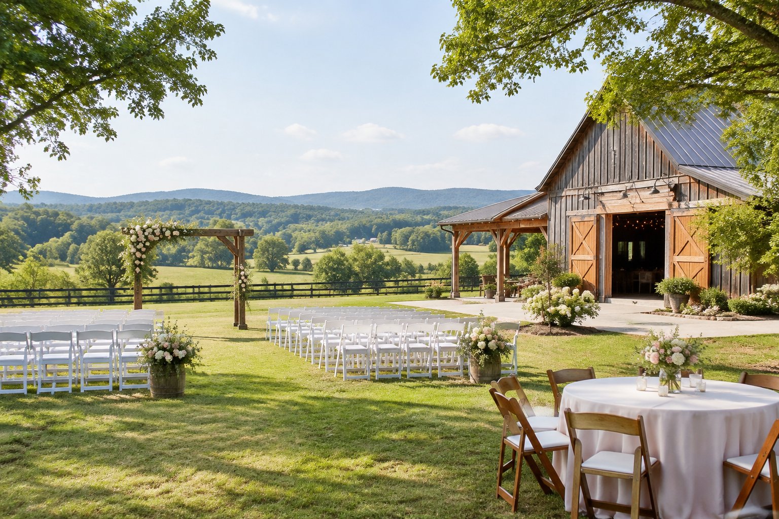 A simple outdoor wedding setup beside a rustic venue in the green countryside near Winston-Salem.