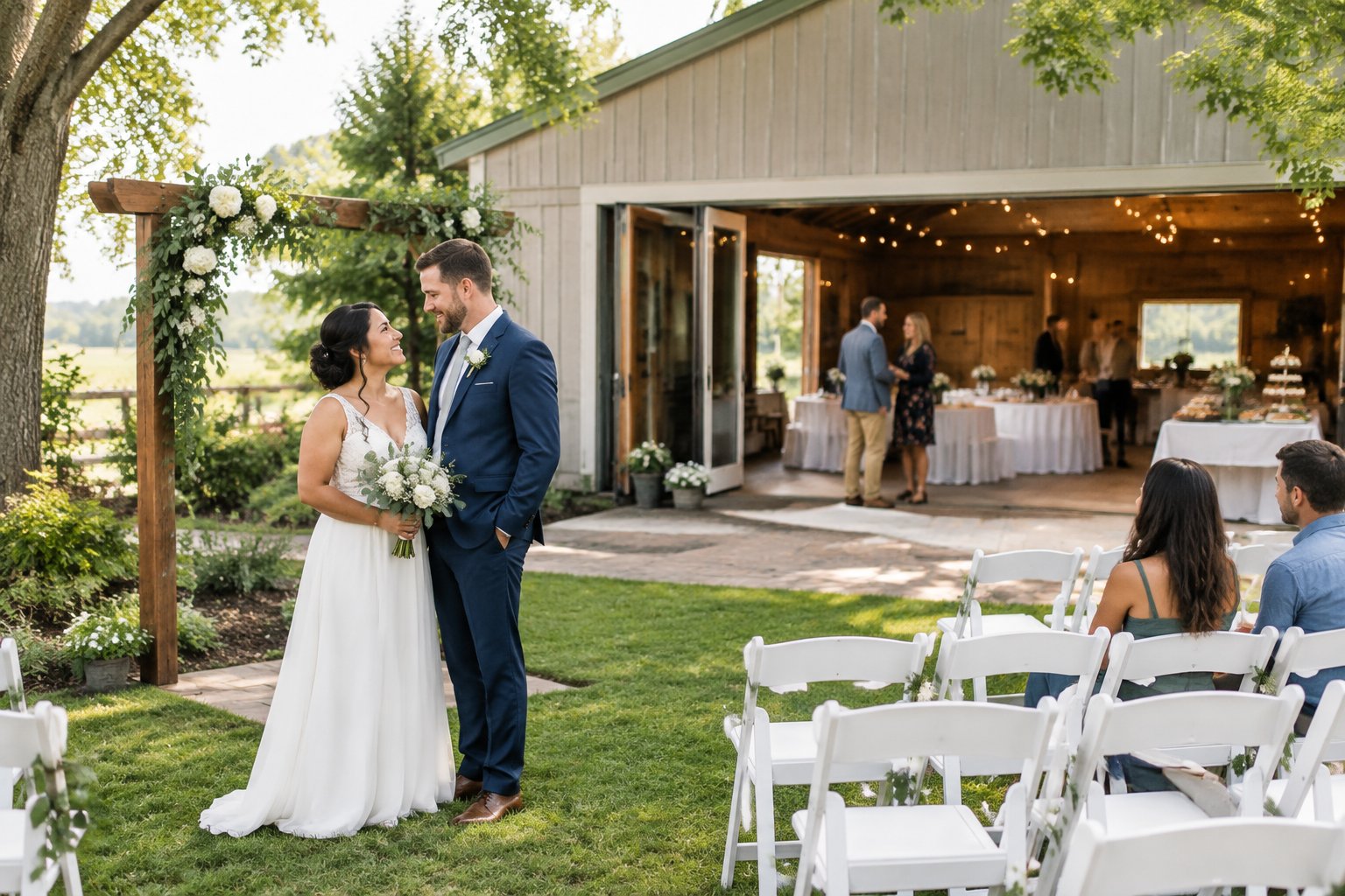 A couple and guests gather at a modest venue with an outdoor ceremony area and an indoor wedding reception space.