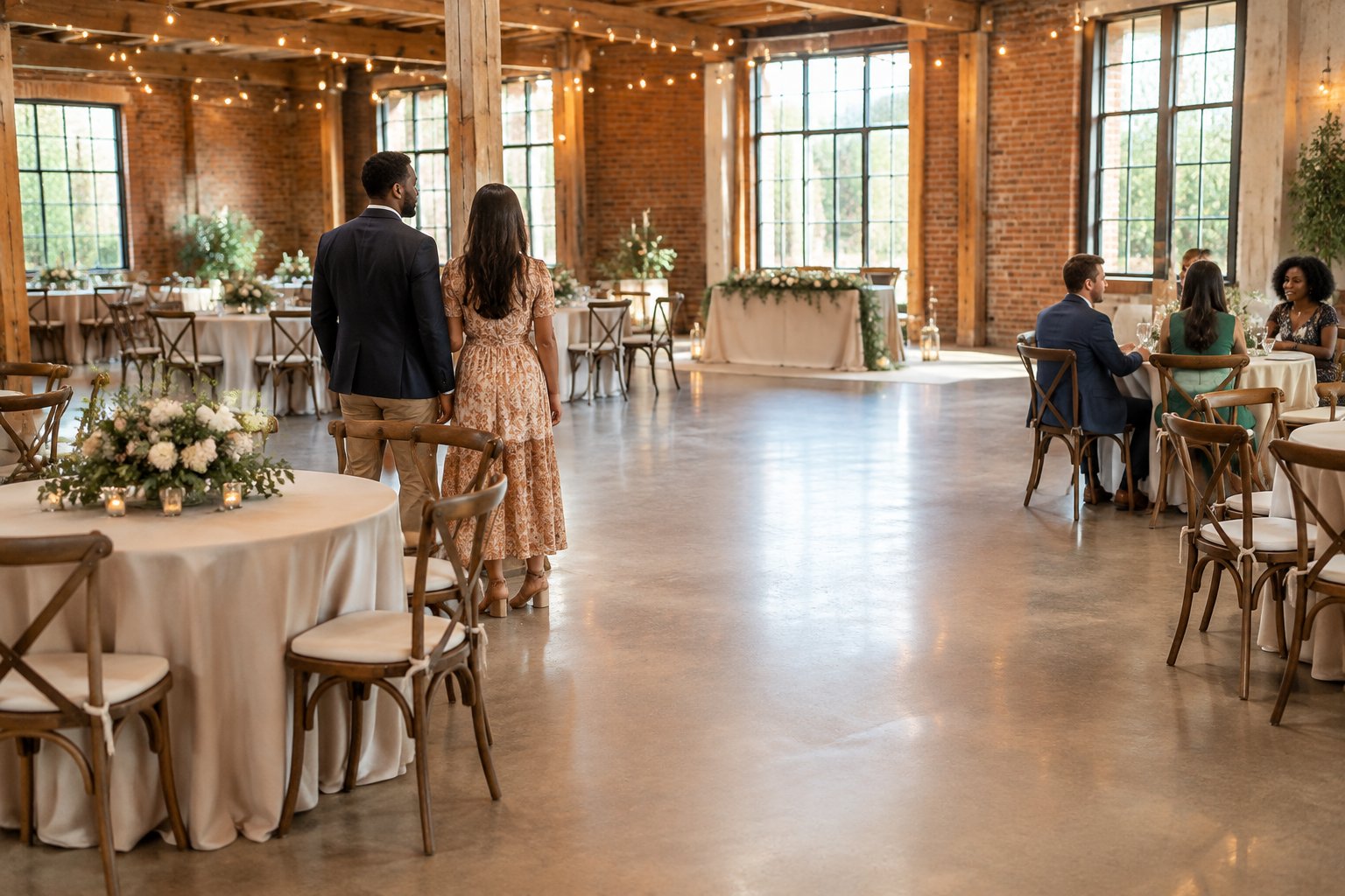 A couple reviews a flexible wedding reception layout with tables, simple decorations, and guests in an inviting venue.