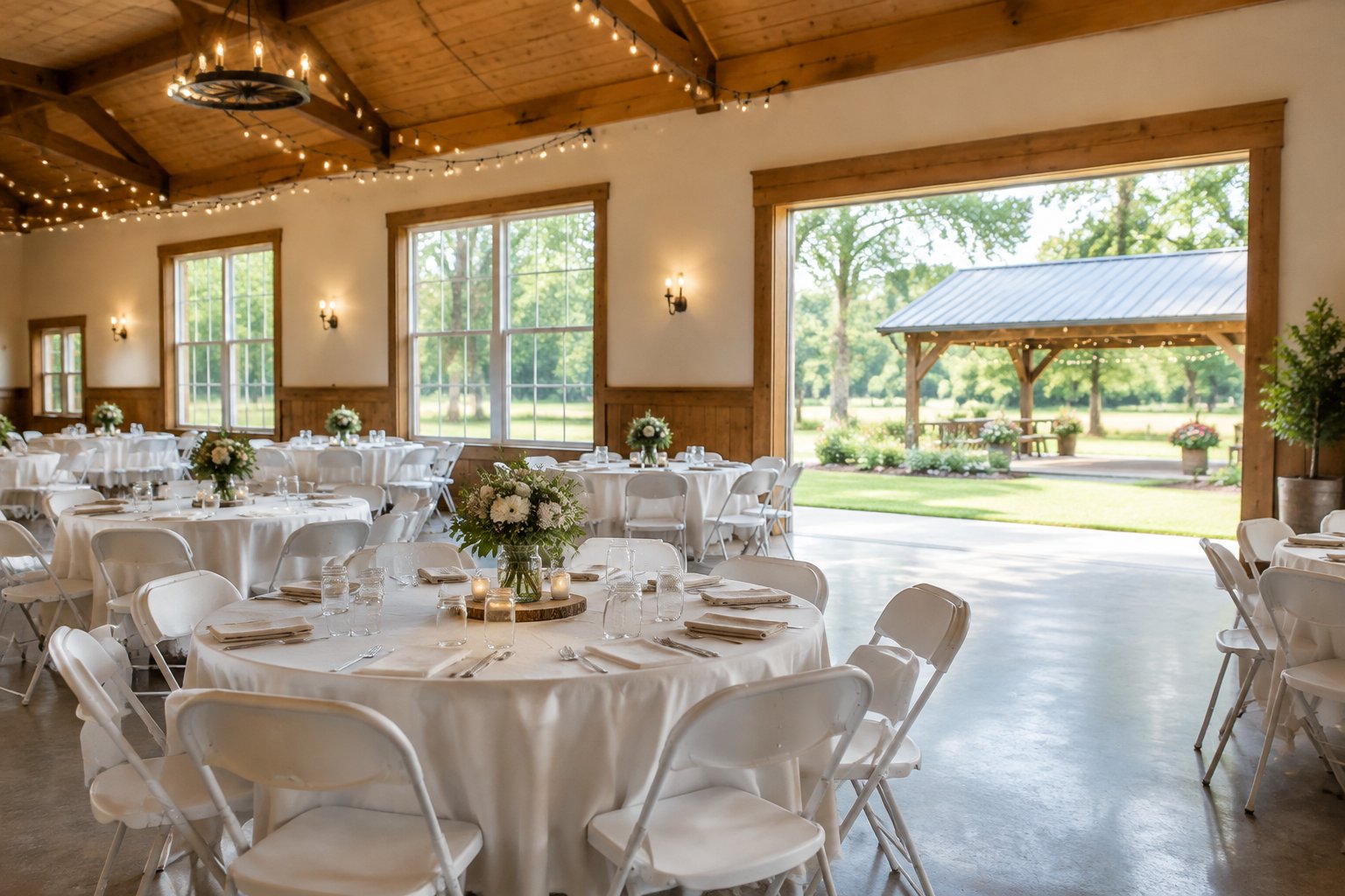 A modest wedding reception venue with simple decorated tables and a green outdoor setting.