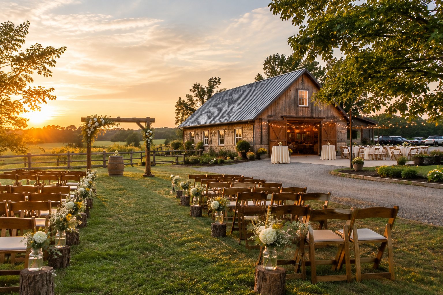 A charming affordable wedding venue in the countryside near Zumbrota with simple outdoor seating and warm string lights.