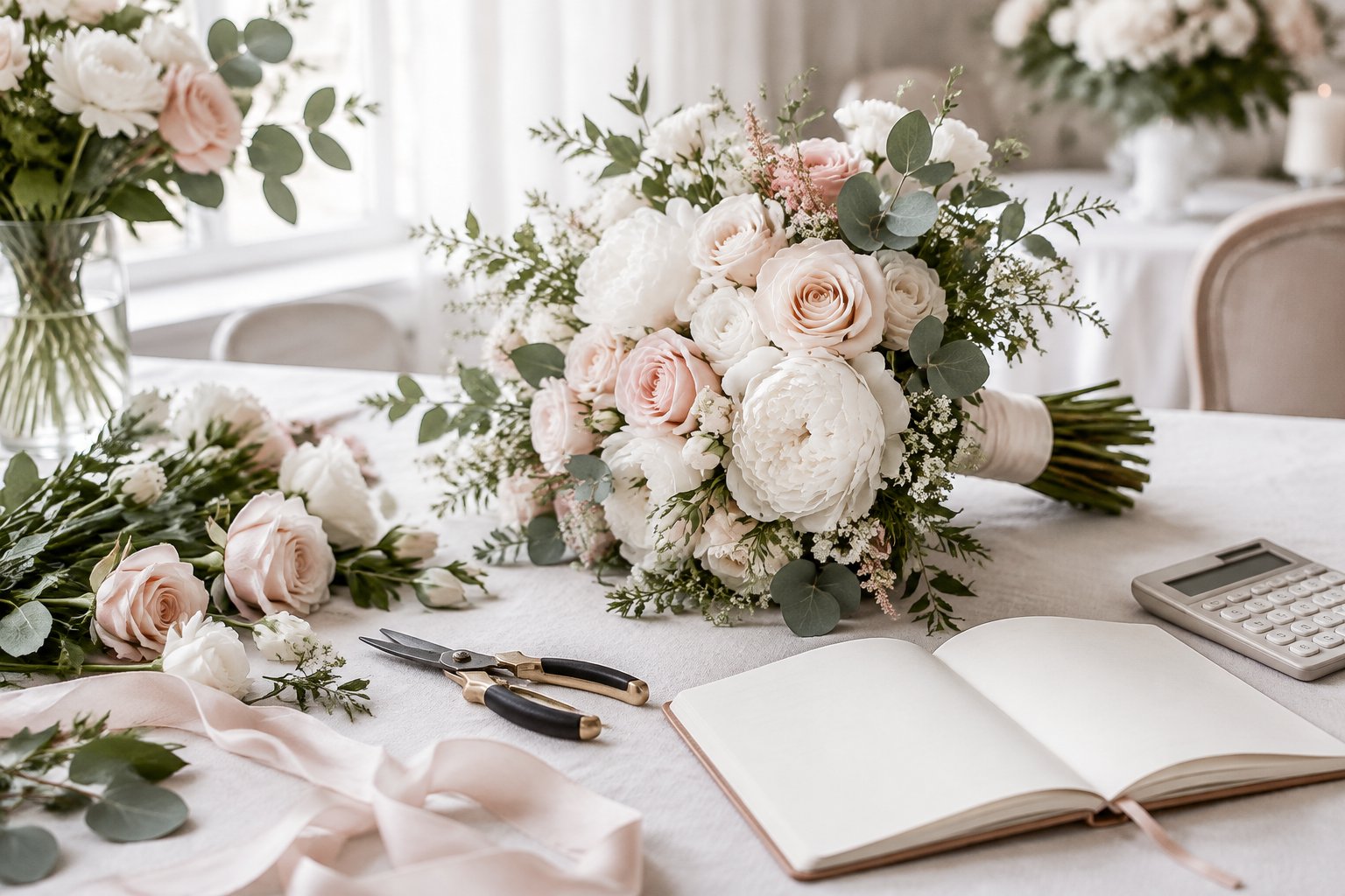 A wedding flower arrangement with loose stems, floral tools, a blank notebook, and a calculator on a table.