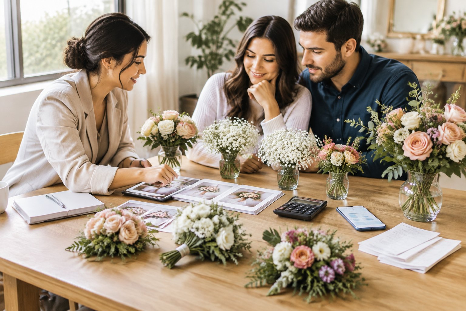 A couple reviews wedding flower options and a budget with a florist at a table surrounded by sample arrangements.