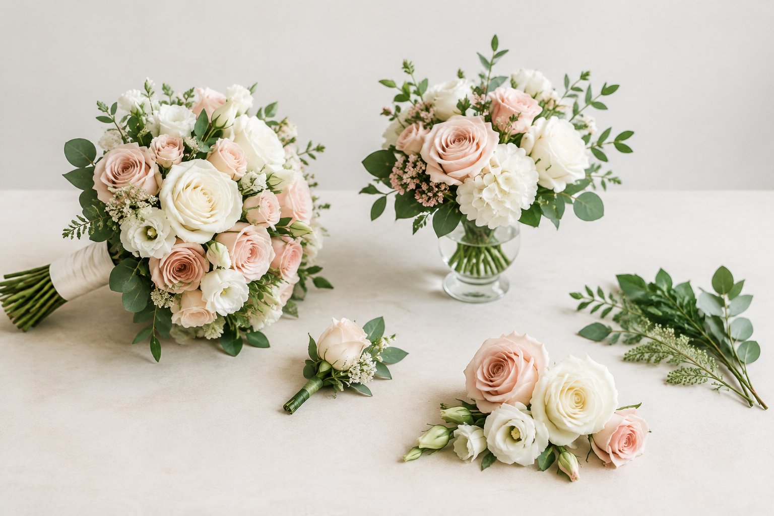 An assortment of wedding flowers arranged separately, including a bridal bouquet, boutonniere, centerpiece, loose blooms, and greenery.