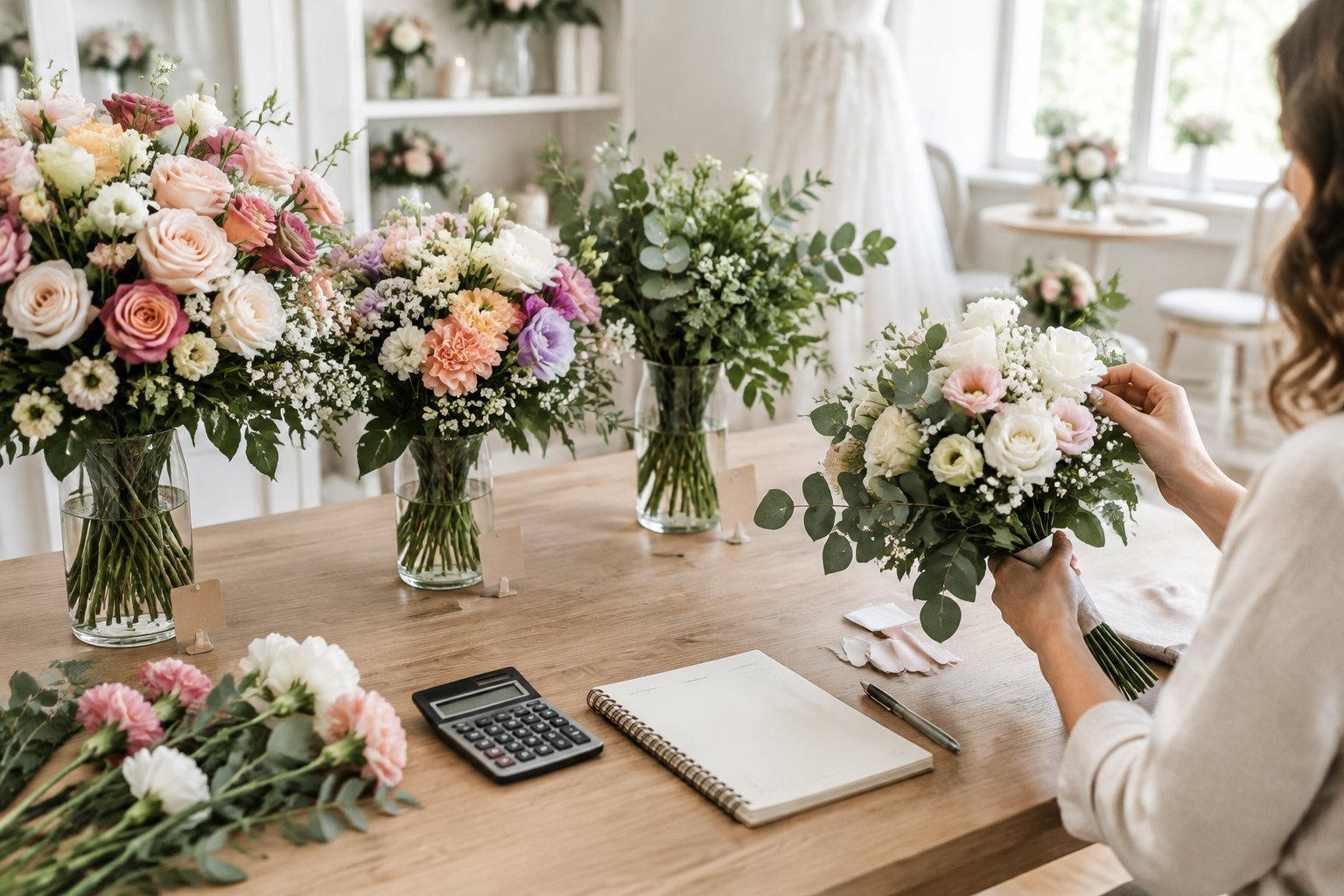 A florist compares several wedding flower arrangements on a consultation table.
