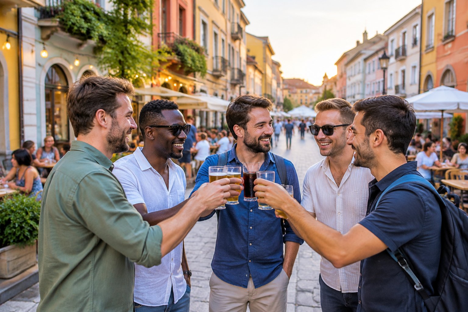 A group of friends enjoying drinks together on a lively European pedestrian street.
