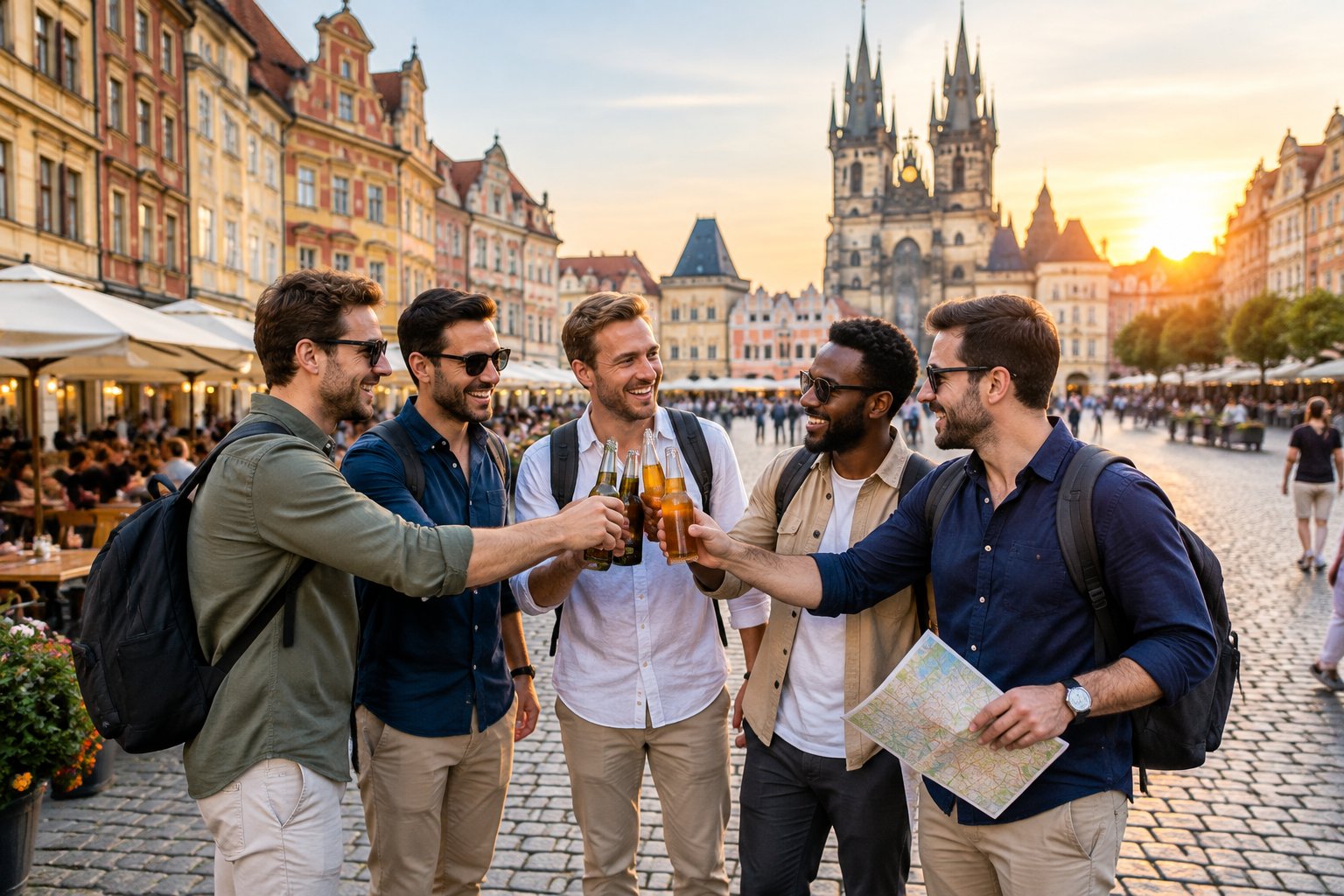 A group of friends enjoying an affordable European city break in a lively historic square.