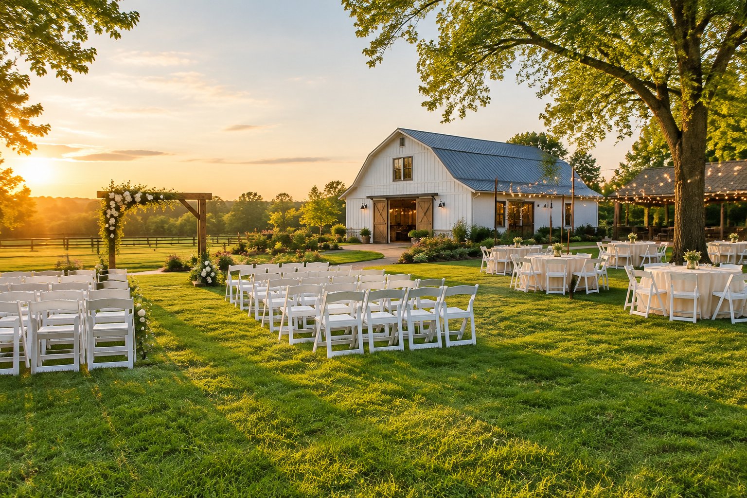 A modest wedding venue with simple decorations, outdoor seating, and a garden setting.