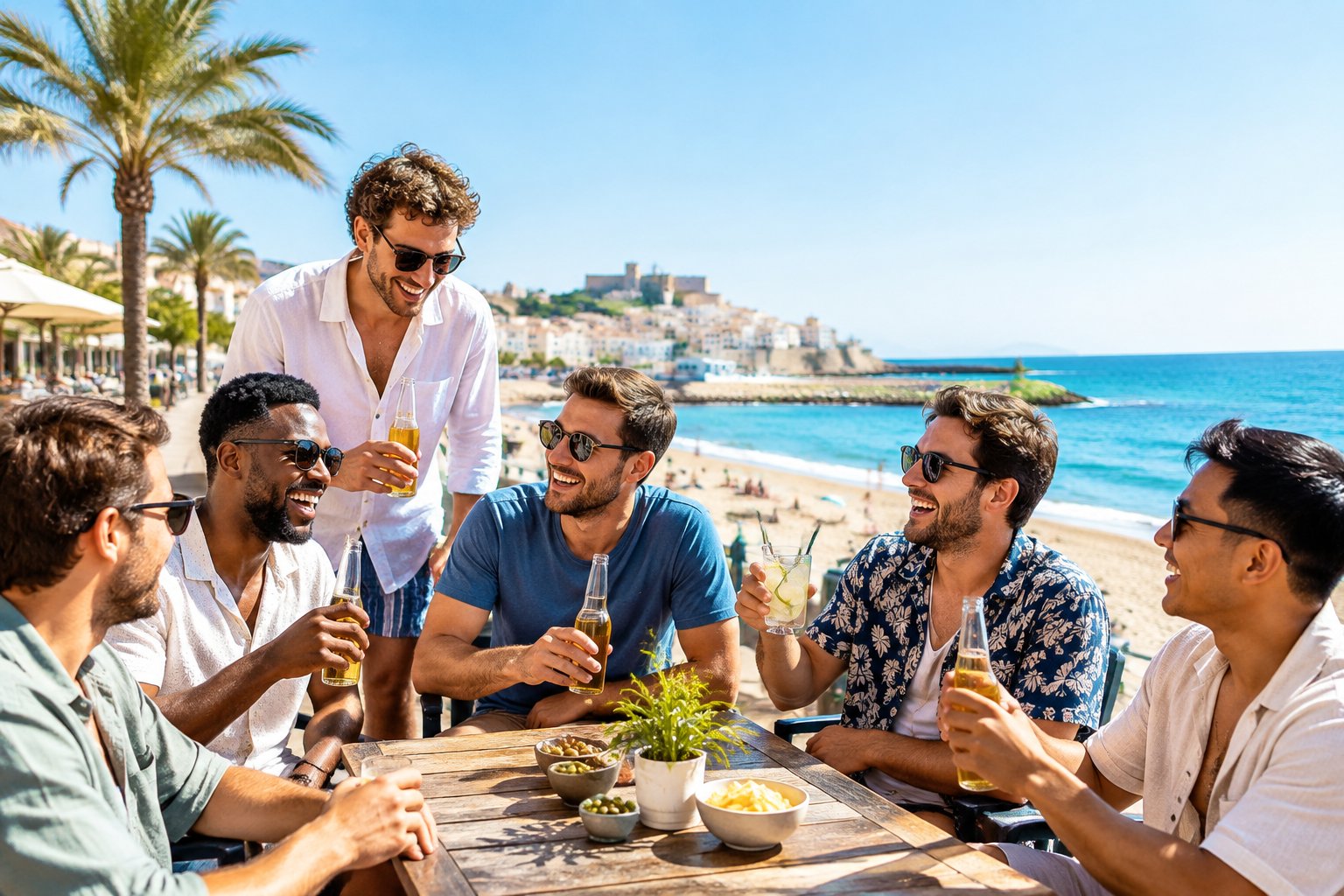 A group of friends laughing together on a sunny Mediterranean seaside promenade.