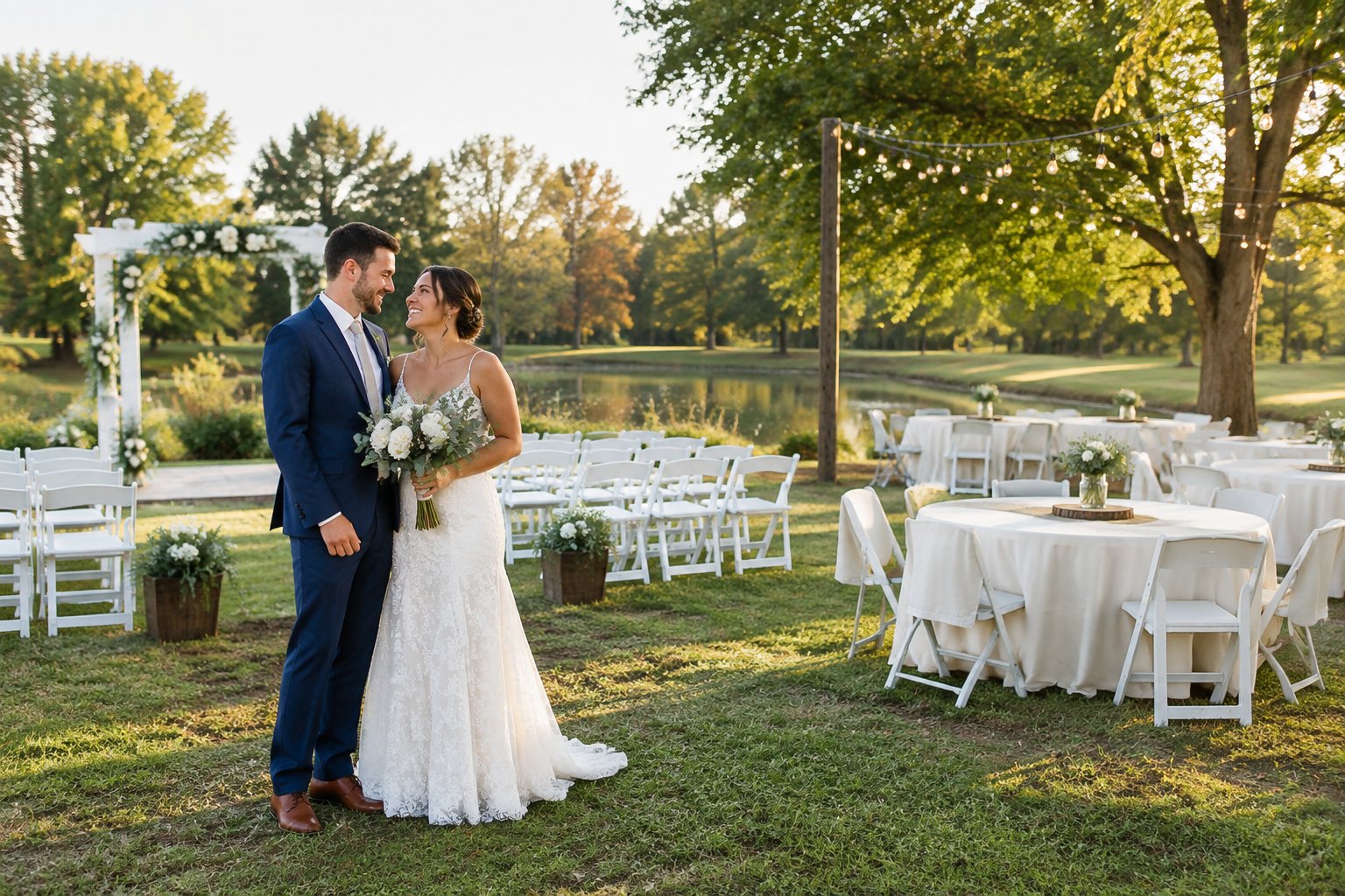 A newlywed couple stands beside a simple outdoor wedding setup with white chairs, greenery, and modest reception tables.