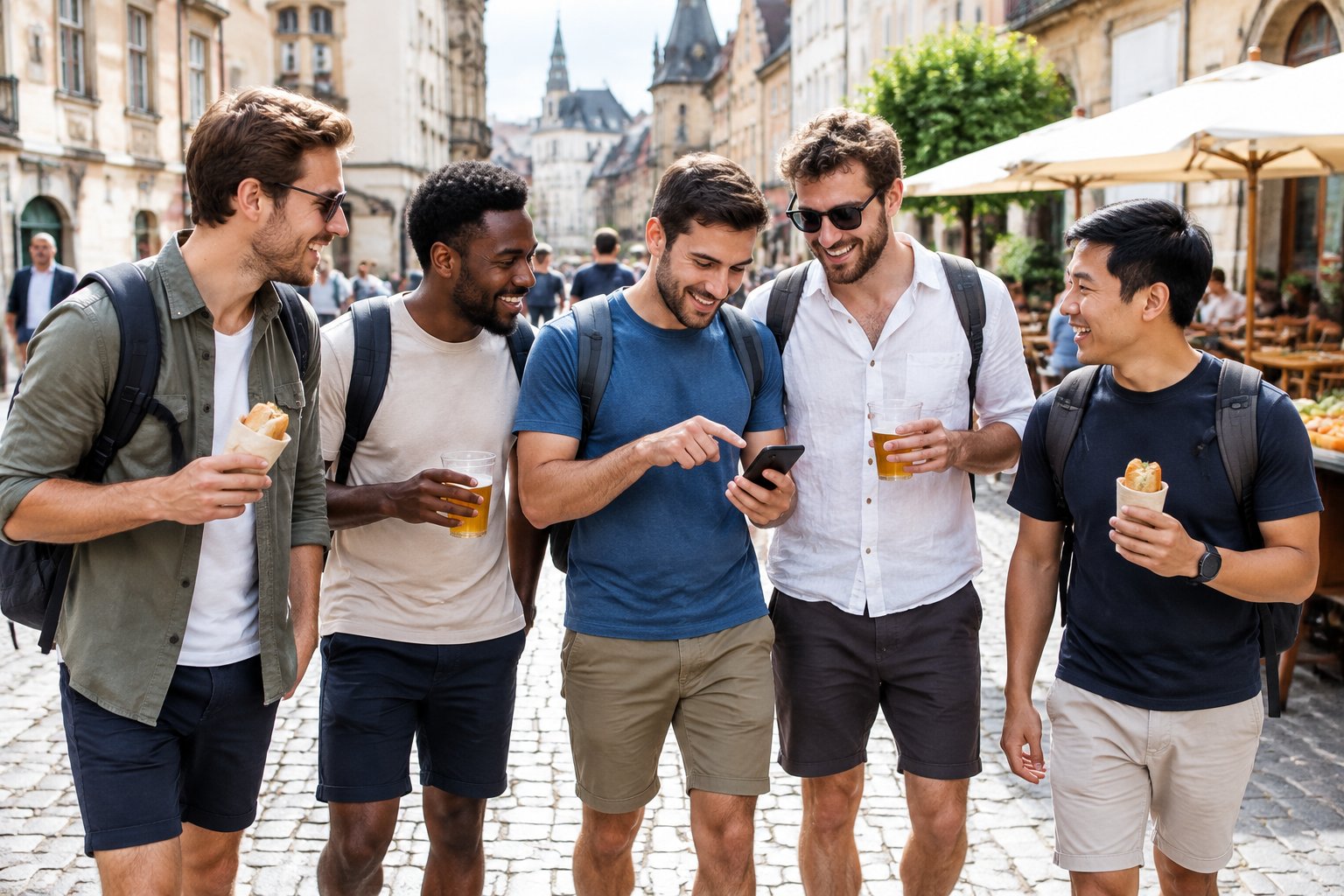 A group of friends enjoying an affordable weekend in a sunny European city.