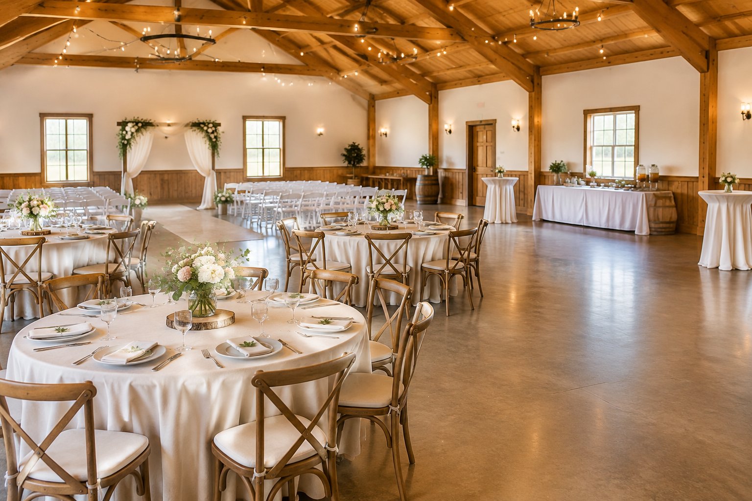 A simple, welcoming wedding venue arranged with flexible seating and modest reception decorations.