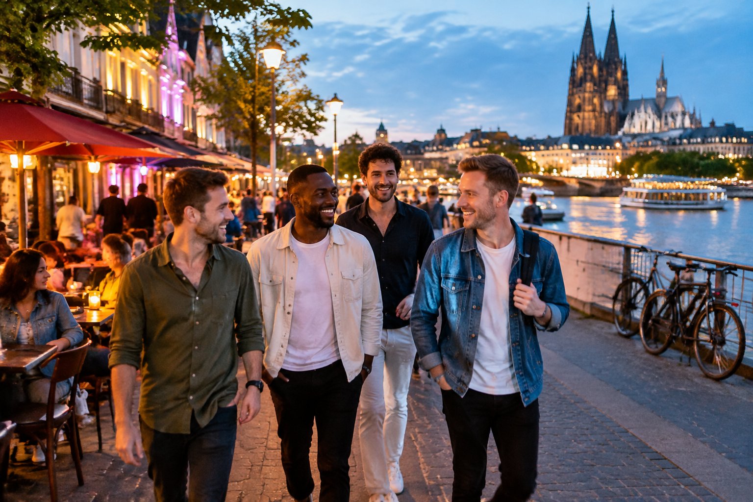 A group of friends enjoying an energetic evening in a European city with bars, cafés, and colorful street lights.