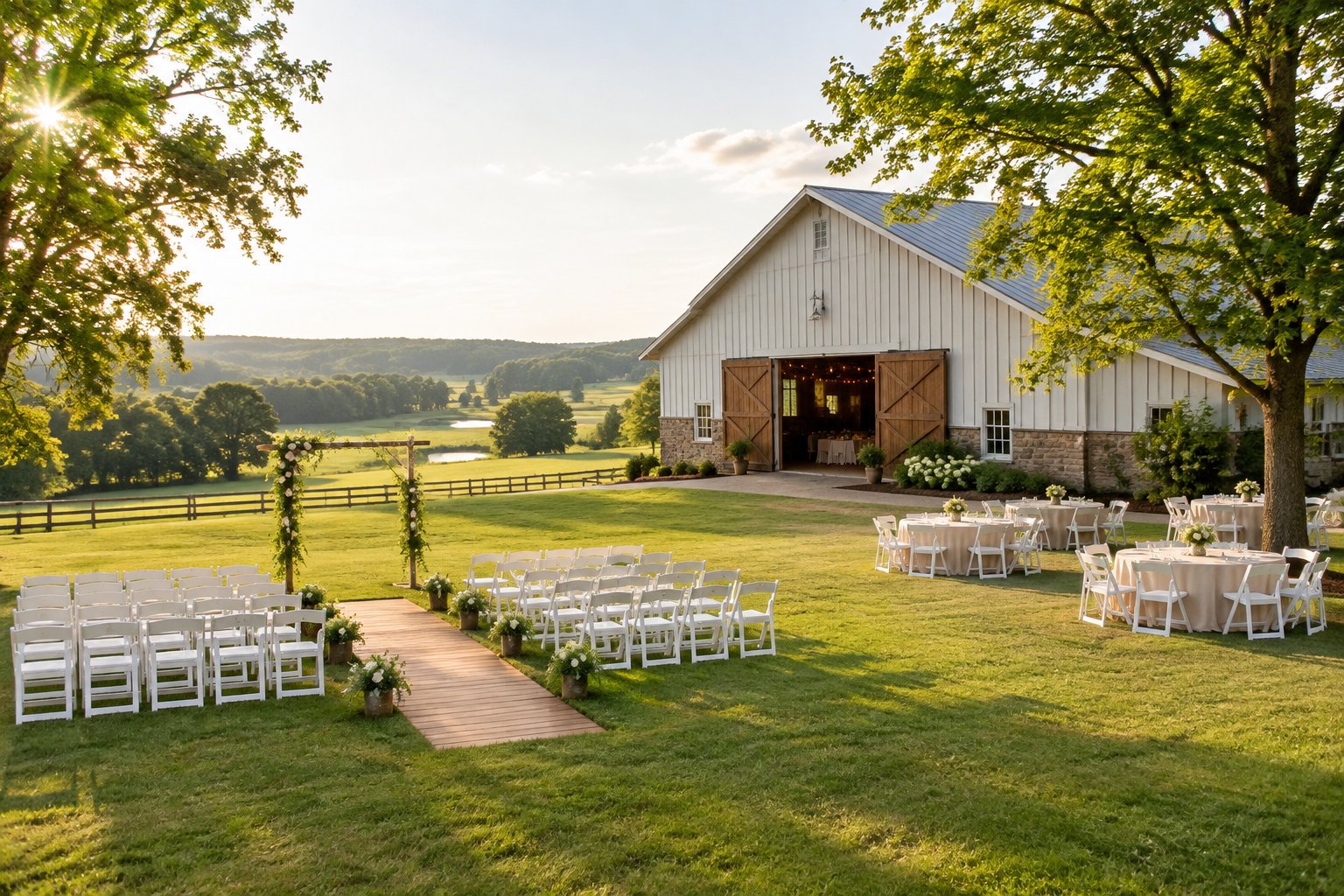 Outdoor wedding ceremony setup beside a charming venue surrounded by green lawns and trees.