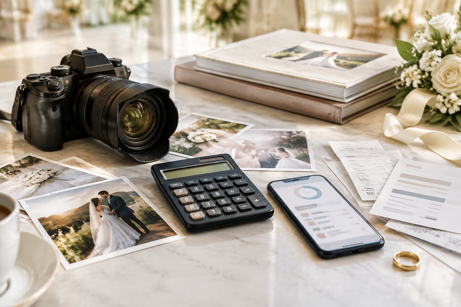 A camera, wedding albums, photographs, calculator, and budgeting papers arranged on a desk with wedding decorations.