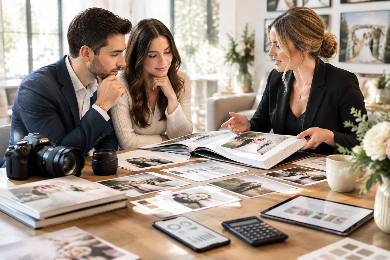 A couple consults with a wedding photographer while reviewing albums and planning photography costs.