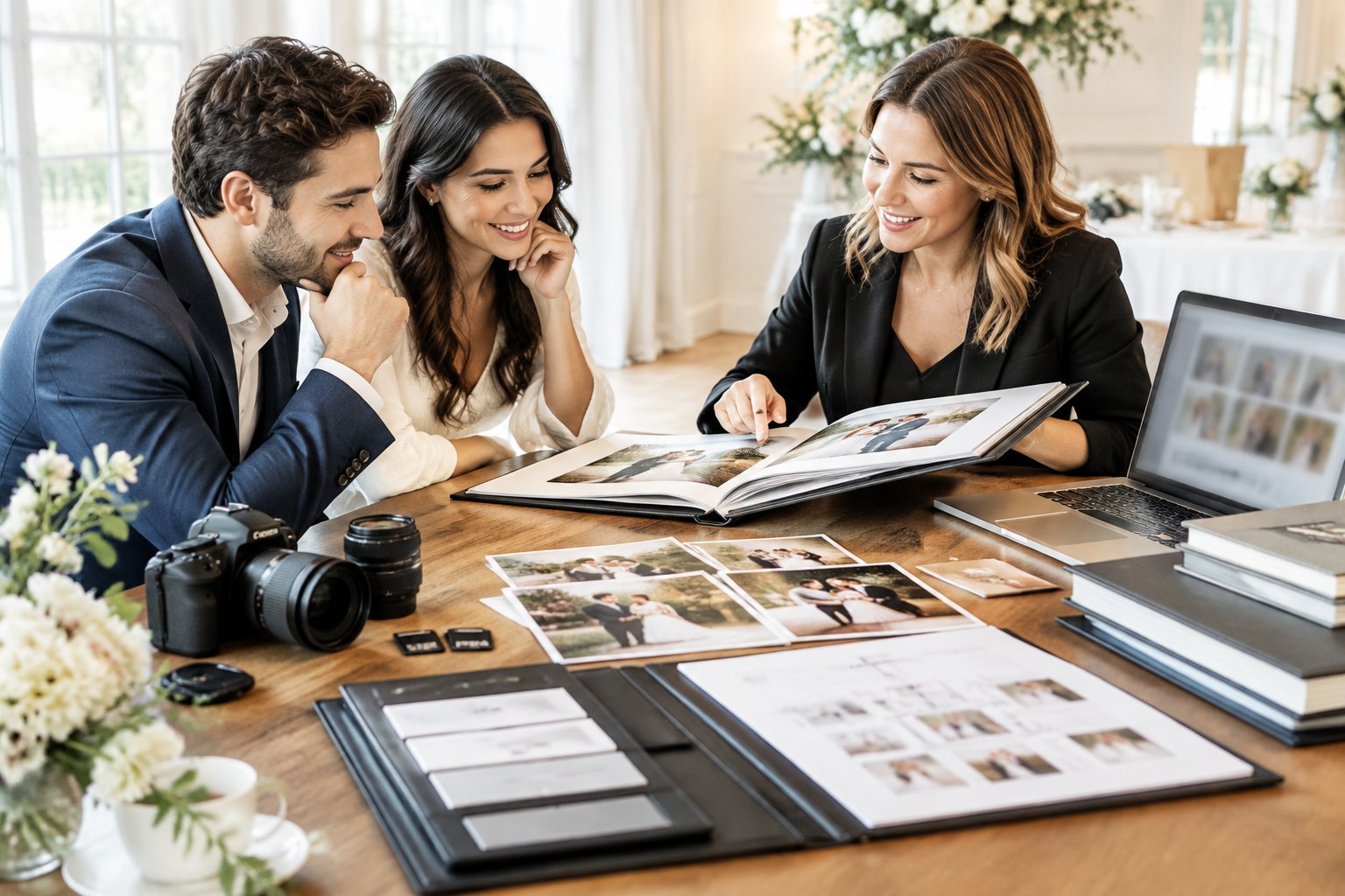 A wedding photographer reviews albums and photography equipment with an engaged couple at a consultation table.