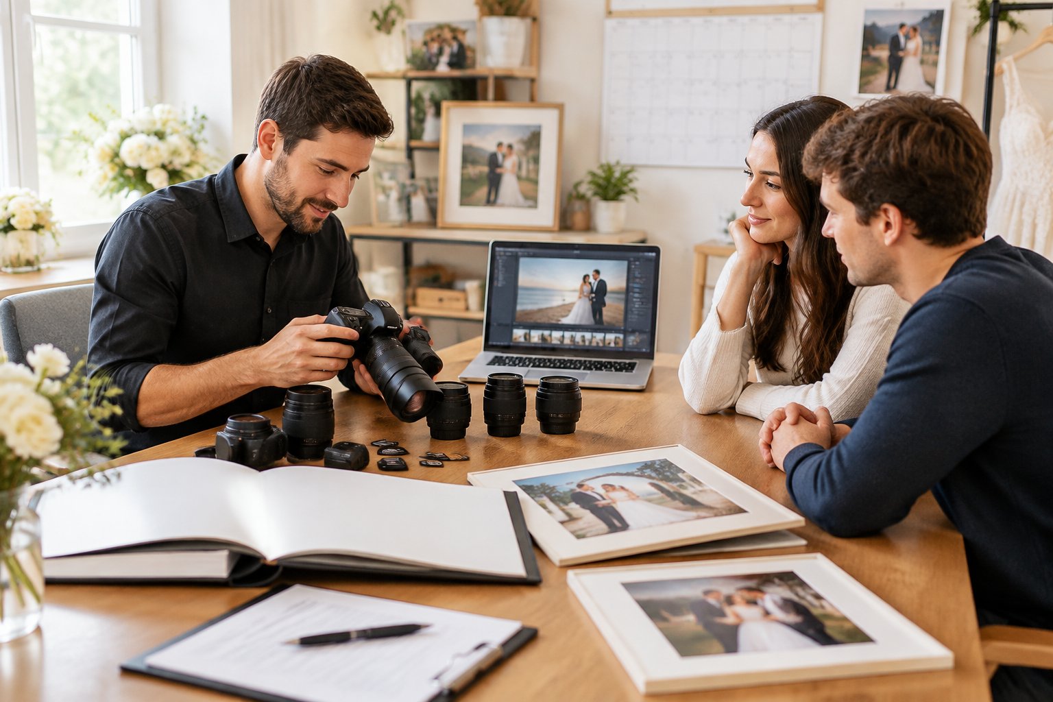 A wedding photographer reviews camera equipment, photo albums, and planning materials during a consultation.
