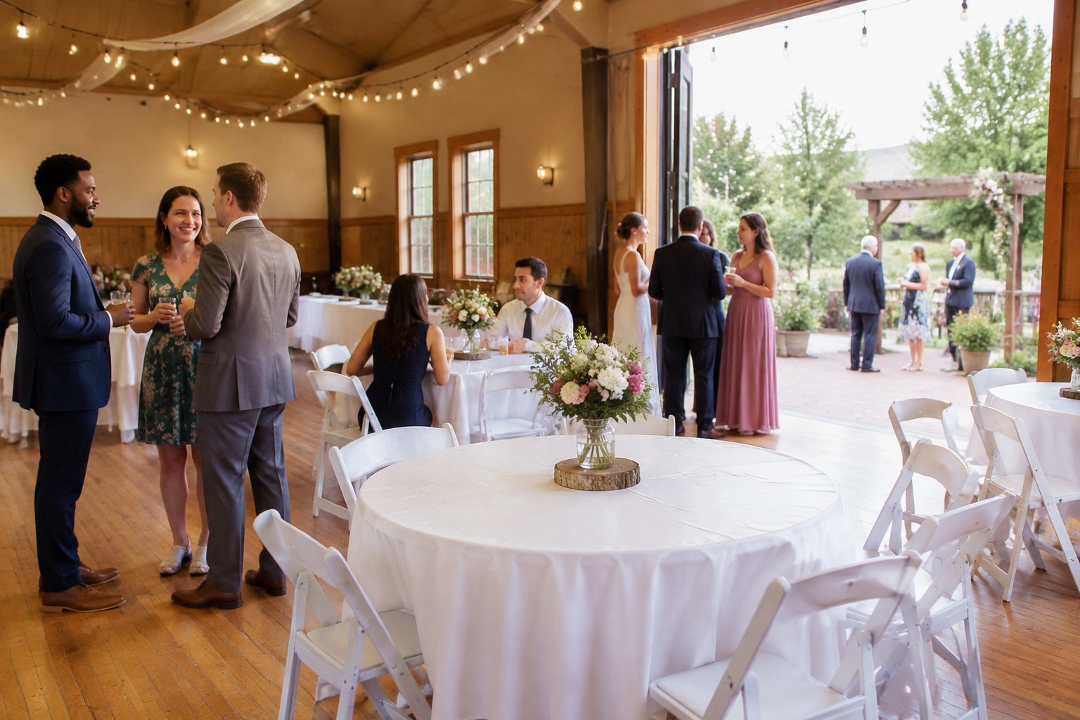 A modest wedding venue in Zanesville set with simple tables, greenery, flowers, and warm lighting.