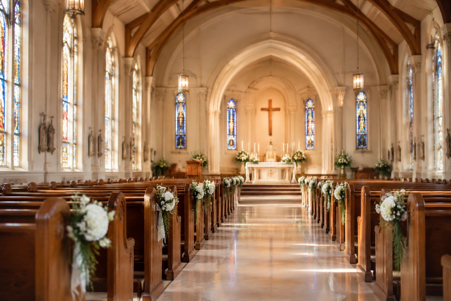 An elegant church interior prepared for a wedding ceremony with wooden pews, white flowers, stained-glass windows, and a decorated altar.