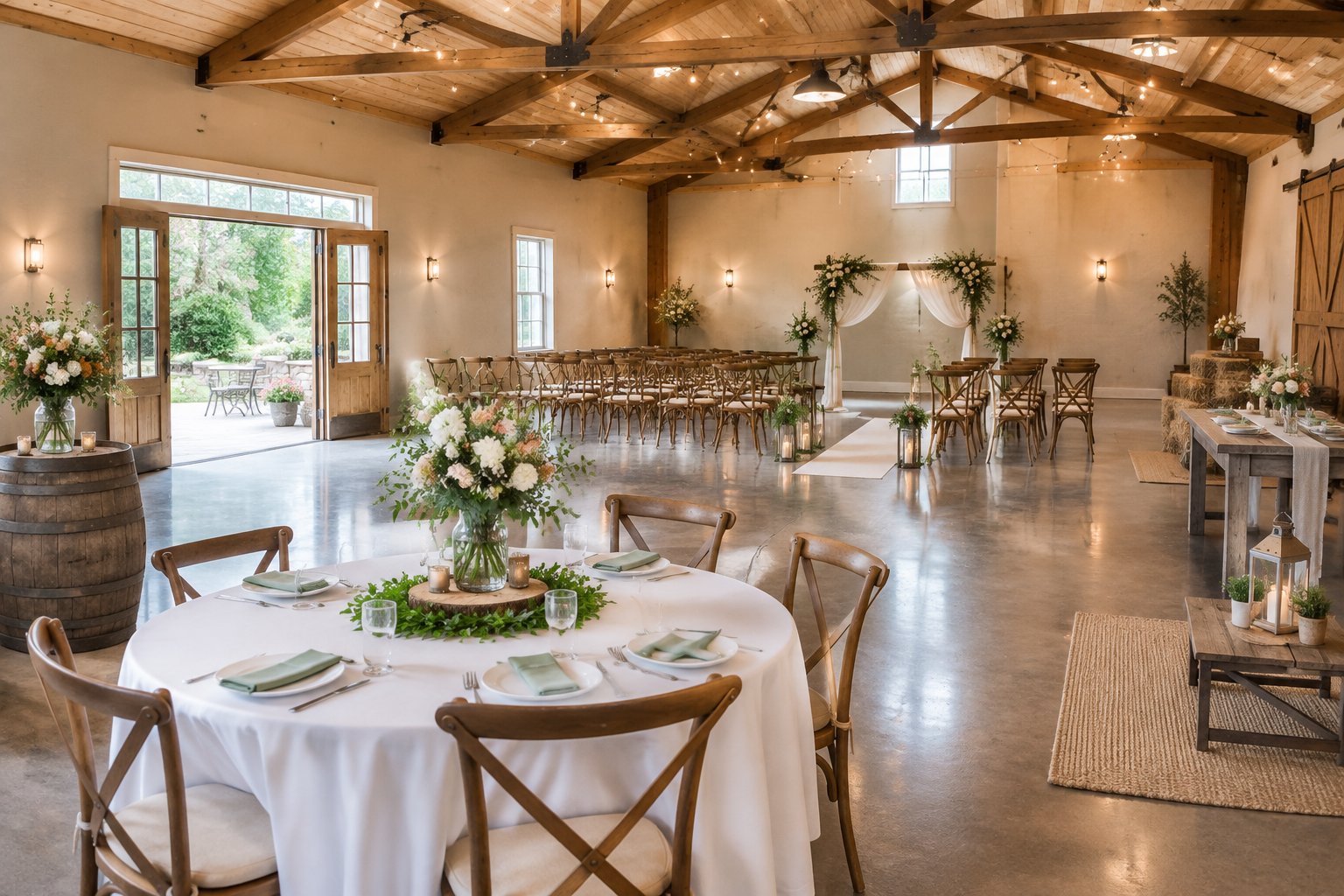 A welcoming wedding venue with simple decorated tables and a rustic outdoor area.