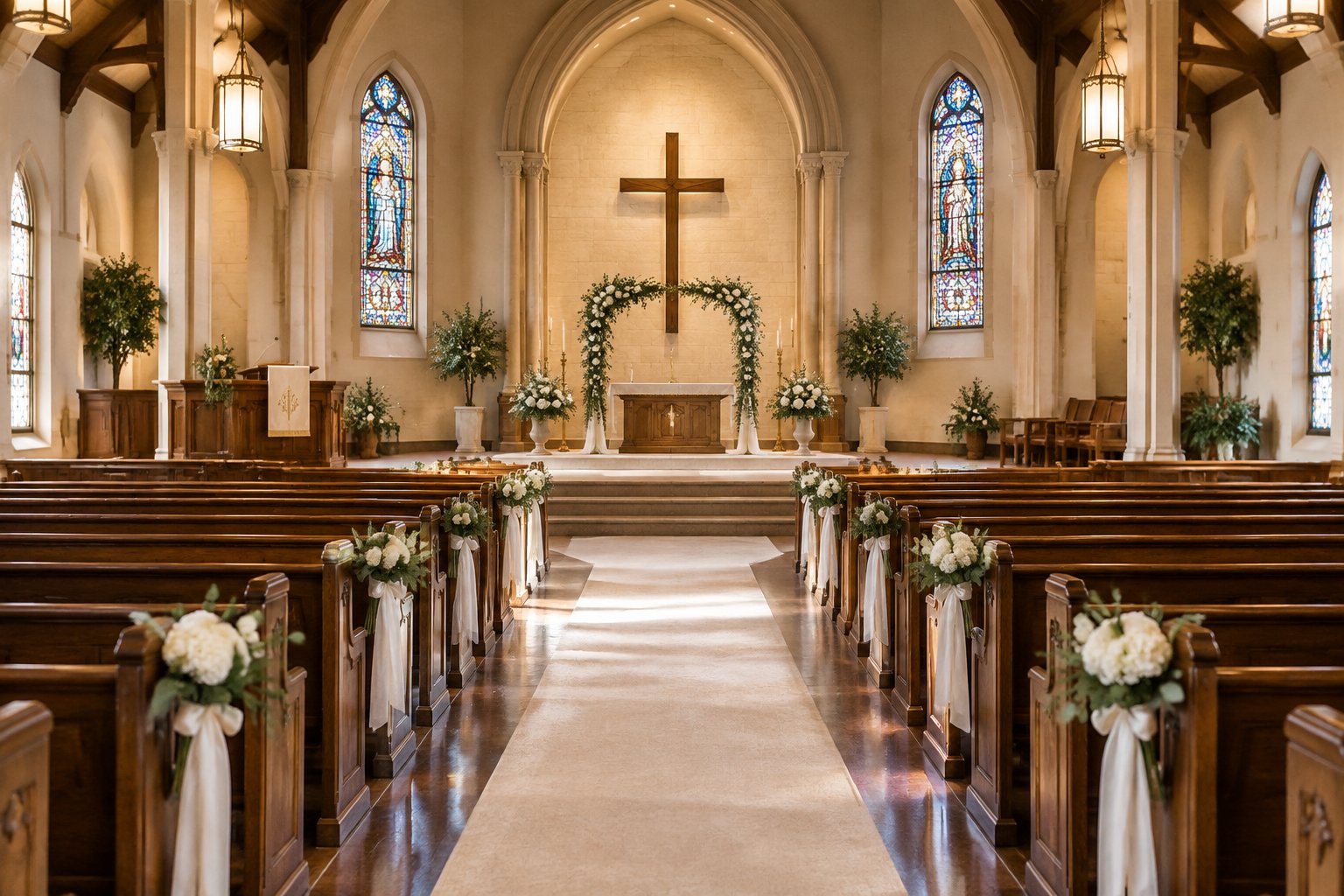 A warmly lit Christian church interior prepared for a wedding ceremony, with pews, floral arrangements, stained-glass windows, and an altar with a cross.