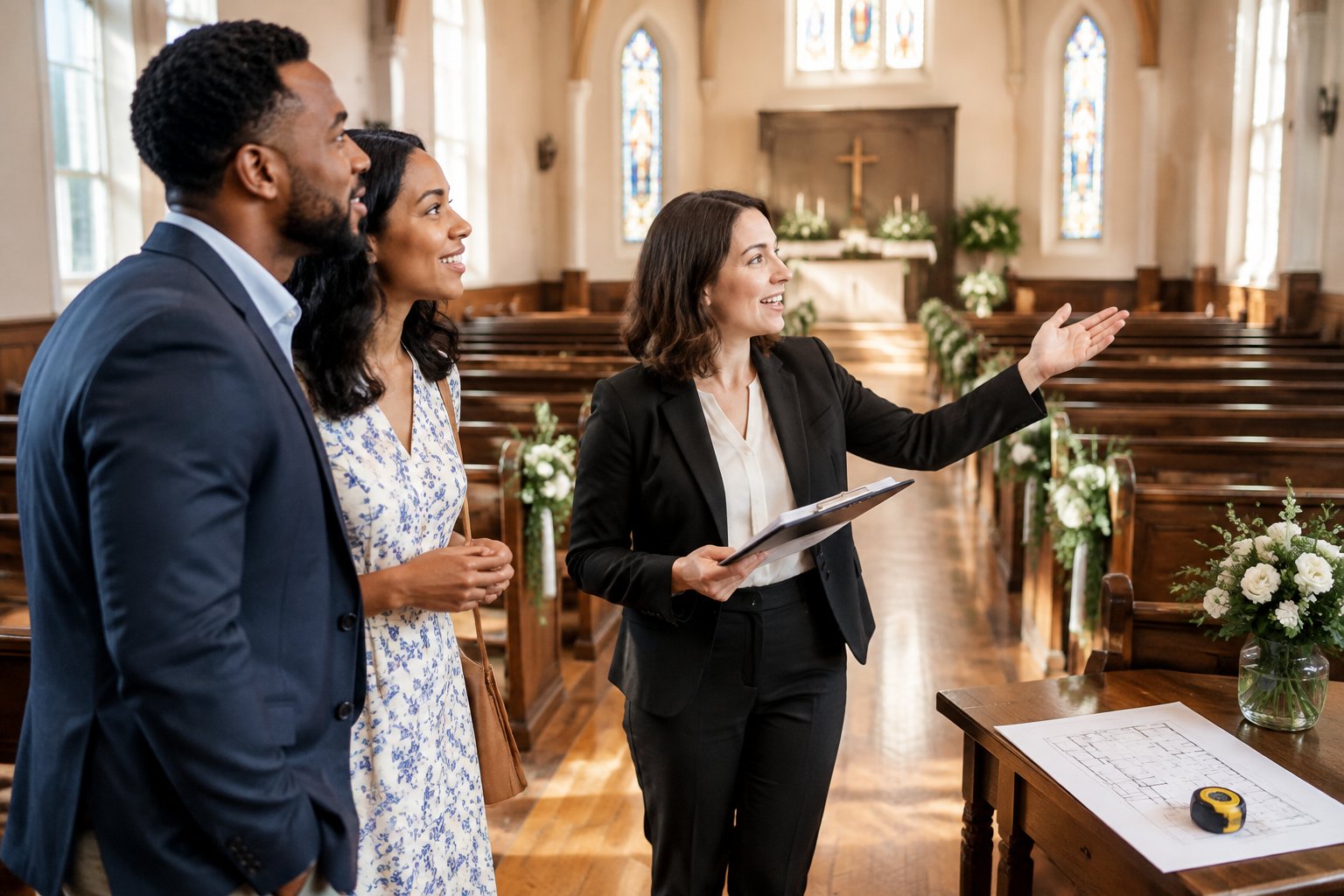 An engaged couple tours a welcoming church sanctuary with a wedding coordinator while discussing the ceremony space.