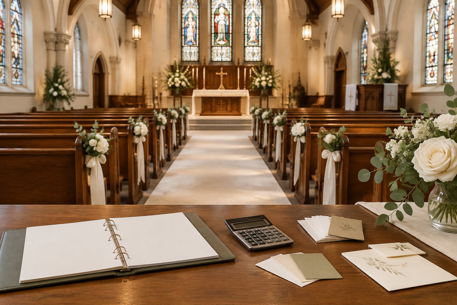 A warmly lit church interior prepared for a wedding with flowers, pews, and a small budgeting folder and calculator.